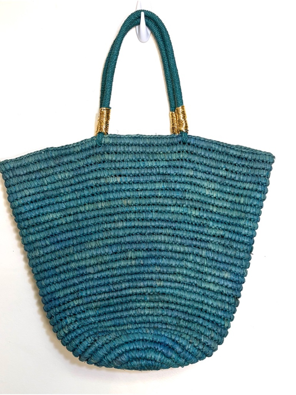 Handmade Teal Woven Raffia Tote Bag